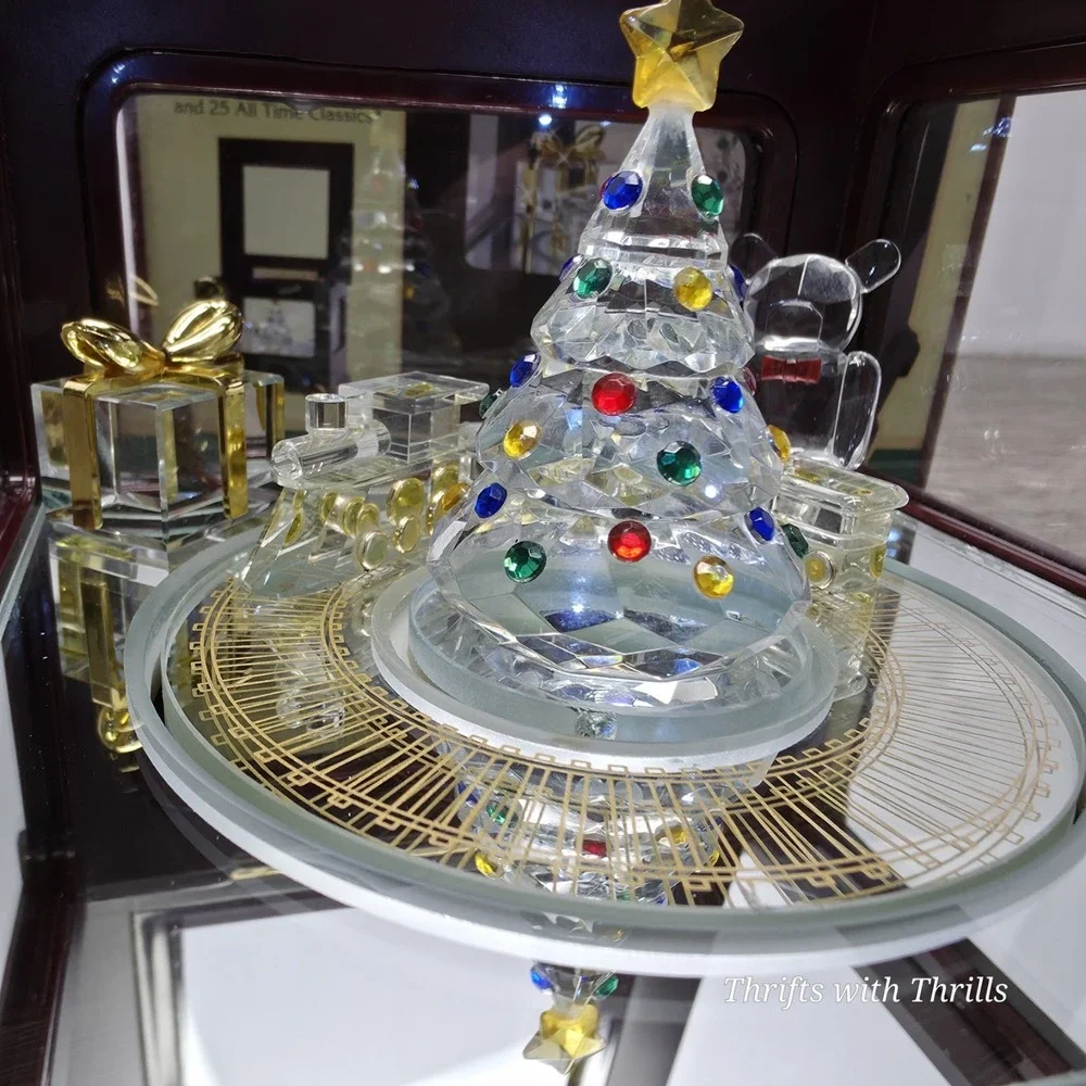 Vintage Crystal Showcase Holiday Music Box With Moving Train, Music, And Lights